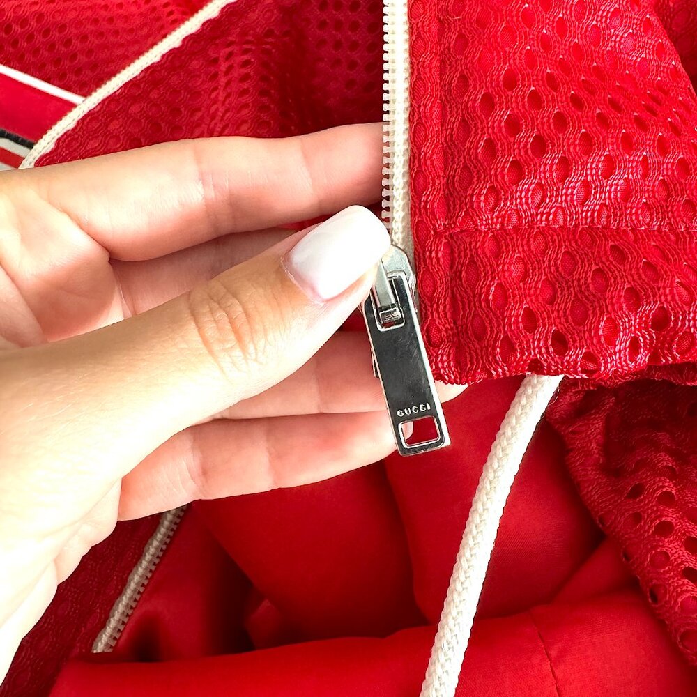 Gucci Red Mesh & Satin Magnetismo Stripe Trimmed Zip Front Hooded Jacket - Picture 14 of 14